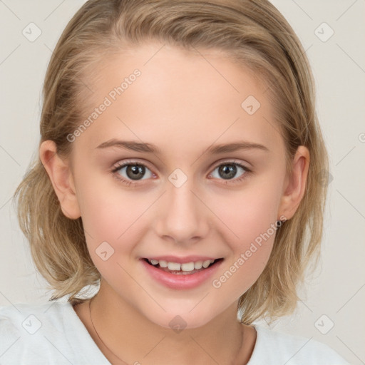 Joyful white child female with medium  brown hair and brown eyes