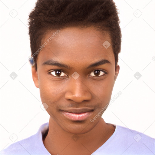 Joyful black young-adult male with short  brown hair and brown eyes