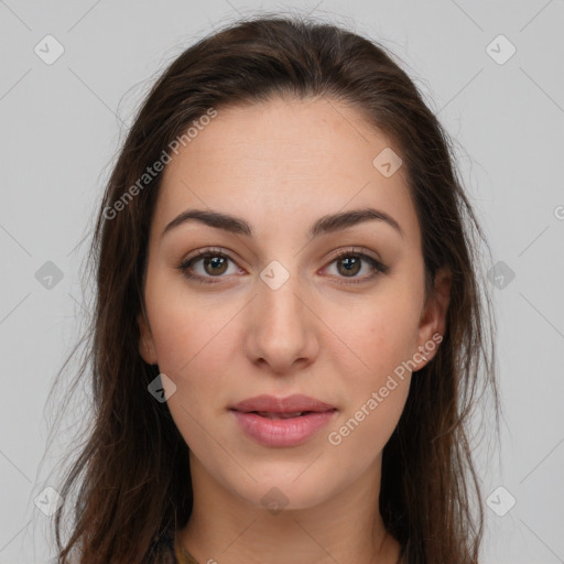 Neutral white young-adult female with long  brown hair and brown eyes