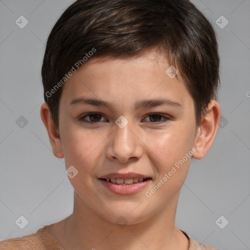 Joyful white child female with short  brown hair and brown eyes