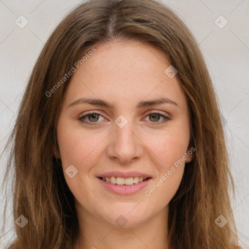 Joyful white young-adult female with long  brown hair and green eyes