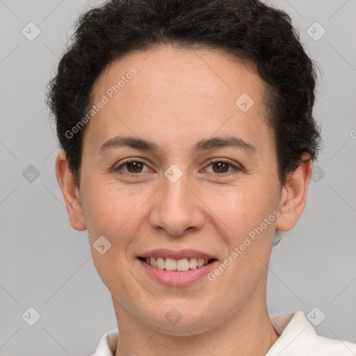 Joyful white adult female with short  brown hair and brown eyes