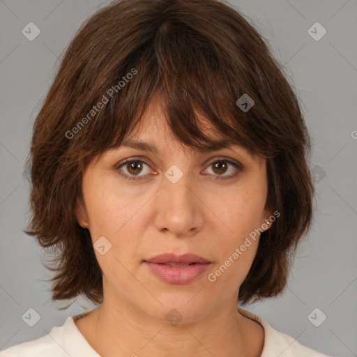 Neutral white young-adult female with medium  brown hair and brown eyes