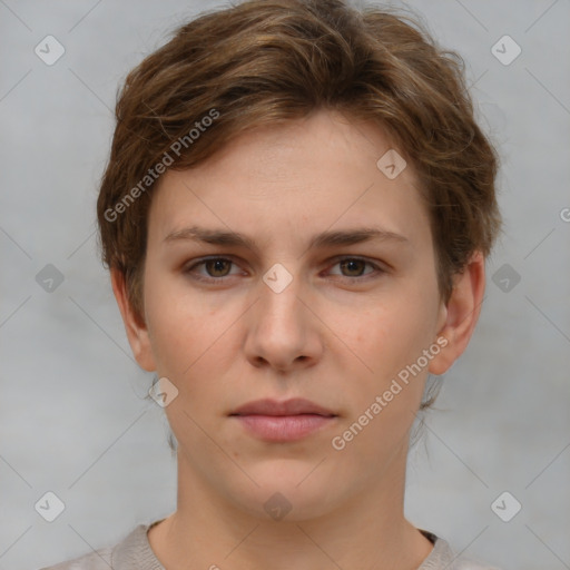 Neutral white young-adult female with short  brown hair and brown eyes