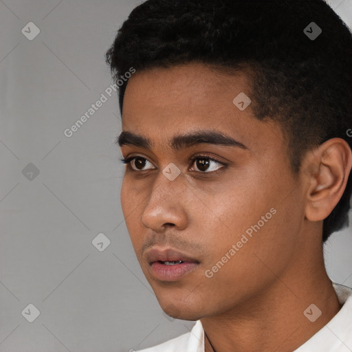 Neutral black young-adult male with short  black hair and brown eyes