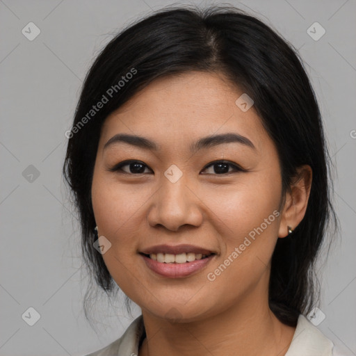 Joyful asian young-adult female with medium  black hair and brown eyes