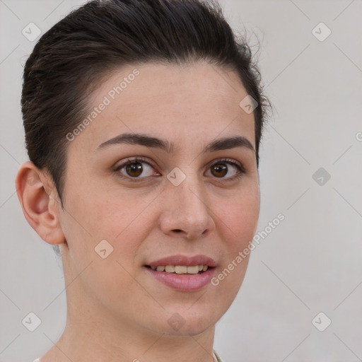 Joyful white young-adult female with short  brown hair and brown eyes