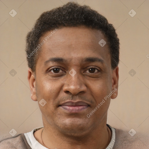 Joyful latino adult male with short  brown hair and brown eyes