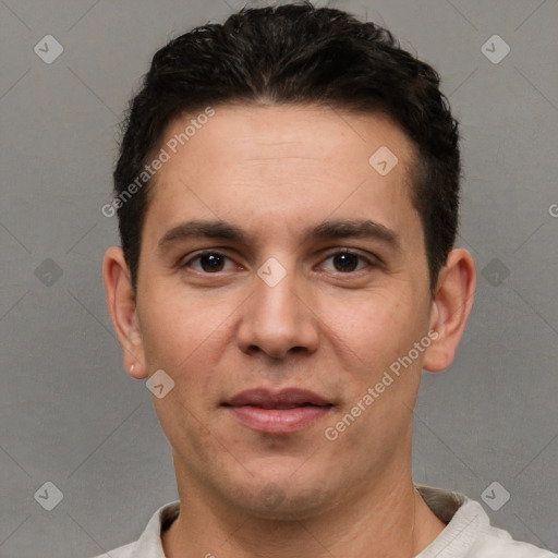 Joyful white young-adult male with short  brown hair and brown eyes