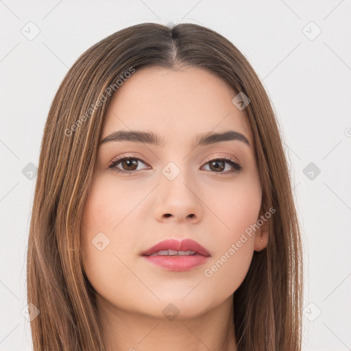 Neutral white young-adult female with long  brown hair and brown eyes