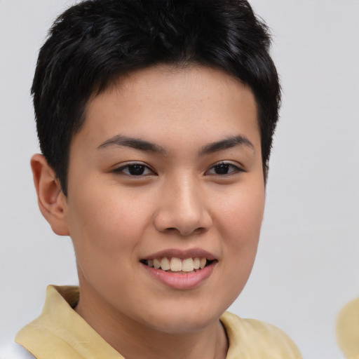 Joyful asian young-adult female with short  brown hair and brown eyes