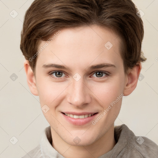 Joyful white young-adult female with short  brown hair and grey eyes