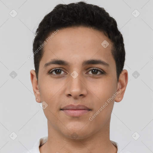 Neutral latino young-adult male with short  brown hair and brown eyes