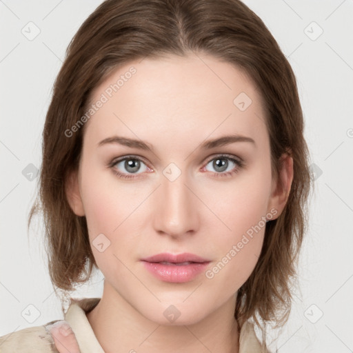 Neutral white young-adult female with medium  brown hair and grey eyes