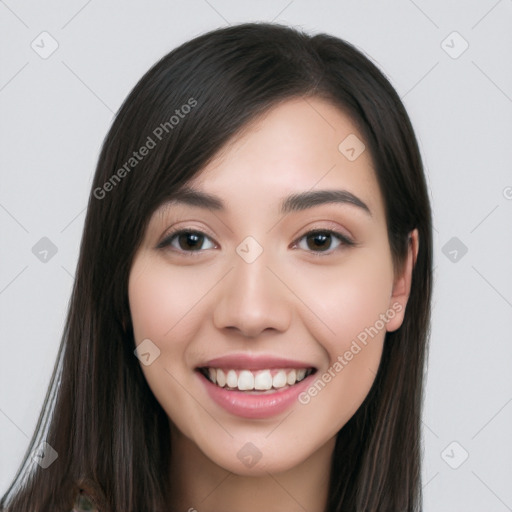 Joyful white young-adult female with long  black hair and brown eyes