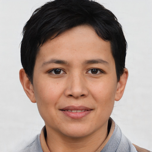 Joyful asian young-adult female with short  brown hair and brown eyes