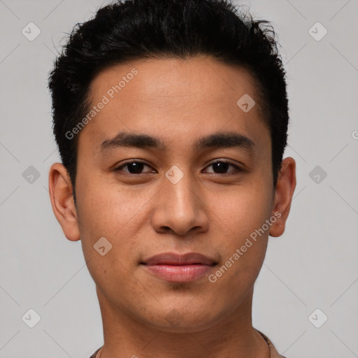 Joyful latino young-adult male with short  brown hair and brown eyes