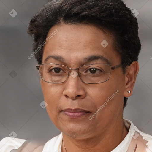 Joyful white adult female with short  brown hair and brown eyes