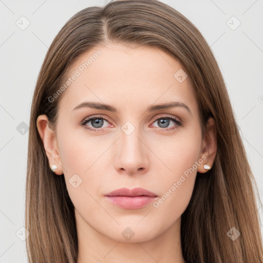 Neutral white young-adult female with long  brown hair and brown eyes