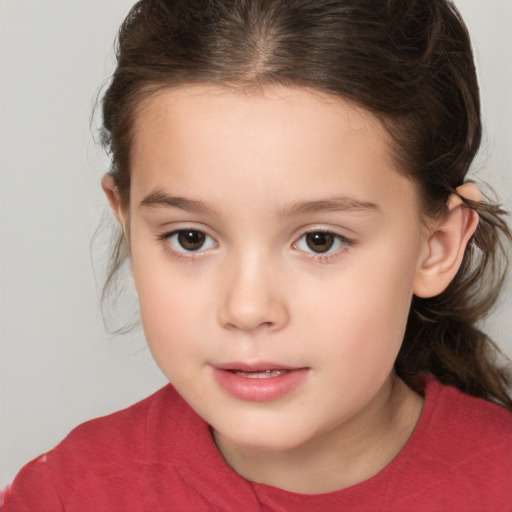 Joyful white child female with medium  brown hair and brown eyes