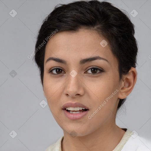 Joyful white young-adult female with short  brown hair and brown eyes