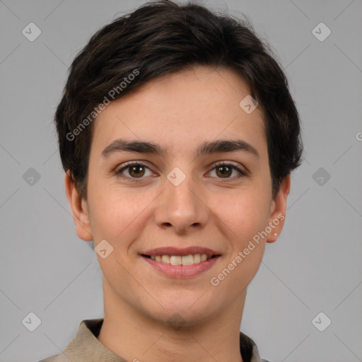 Joyful white young-adult female with short  brown hair and brown eyes