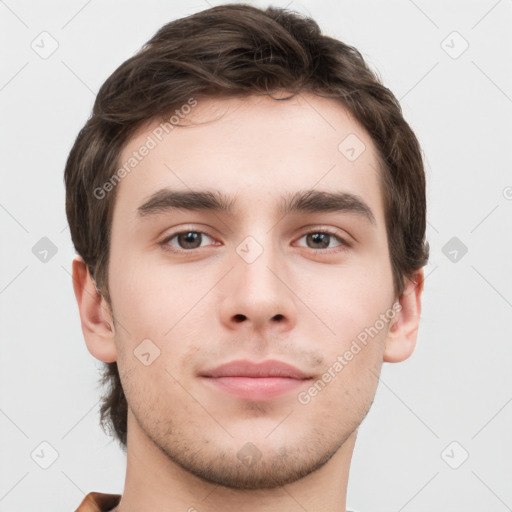 Neutral white young-adult male with short  brown hair and grey eyes