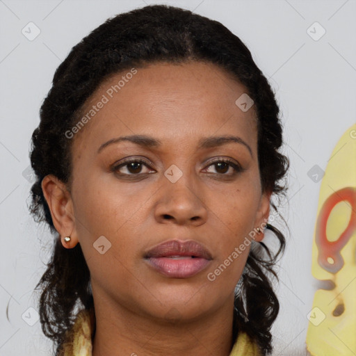 Neutral black young-adult female with medium  brown hair and brown eyes