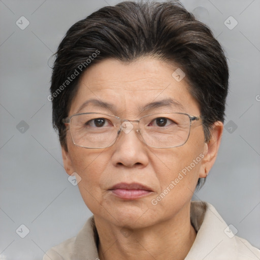 Joyful white middle-aged female with short  brown hair and brown eyes