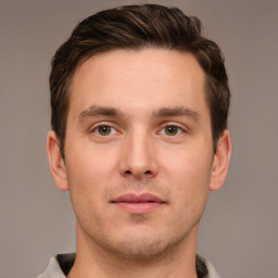 Neutral white young-adult male with short  brown hair and grey eyes