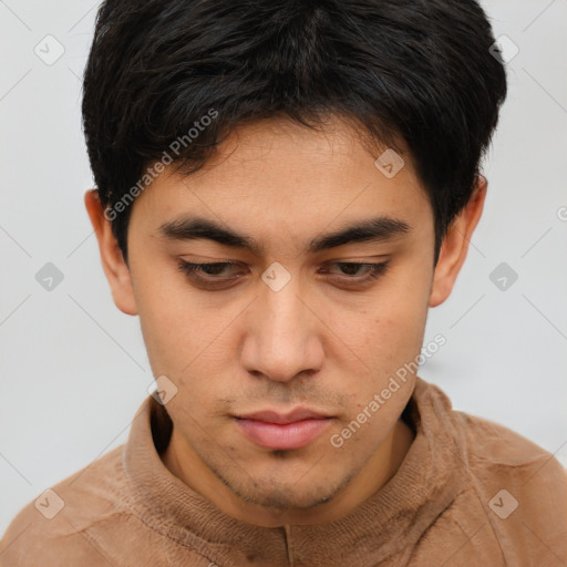 Neutral asian young-adult male with short  brown hair and brown eyes