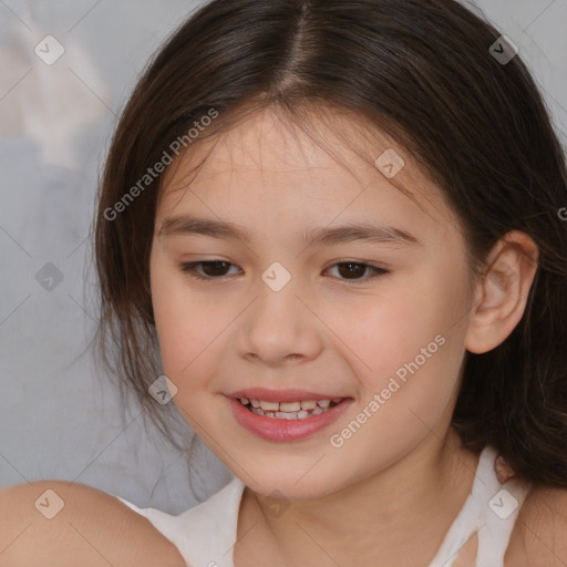 Joyful white child female with medium  brown hair and brown eyes