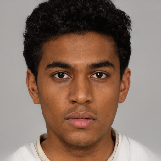 Neutral black young-adult male with short  black hair and brown eyes