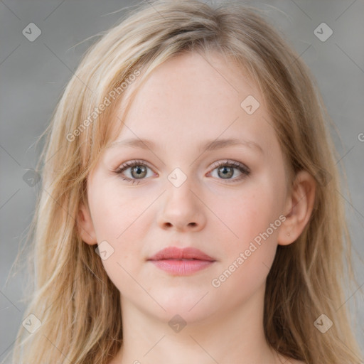 Neutral white young-adult female with medium  brown hair and blue eyes