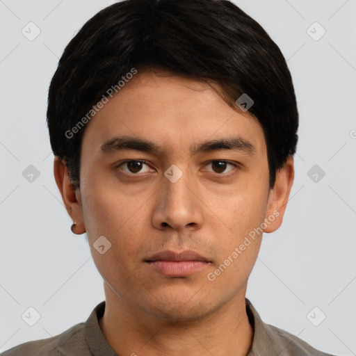 Neutral asian young-adult male with short  black hair and brown eyes