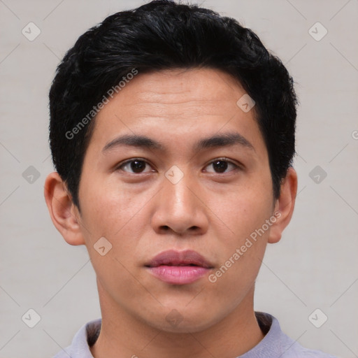 Neutral asian young-adult male with short  black hair and brown eyes