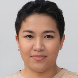 Joyful asian young-adult female with short  brown hair and brown eyes