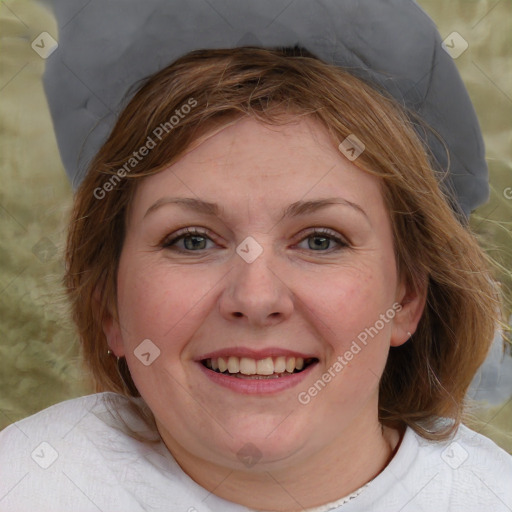 Joyful white young-adult female with medium  brown hair and blue eyes