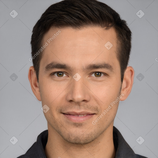 Joyful white young-adult male with short  brown hair and brown eyes