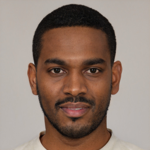 Neutral black young-adult male with short  black hair and brown eyes
