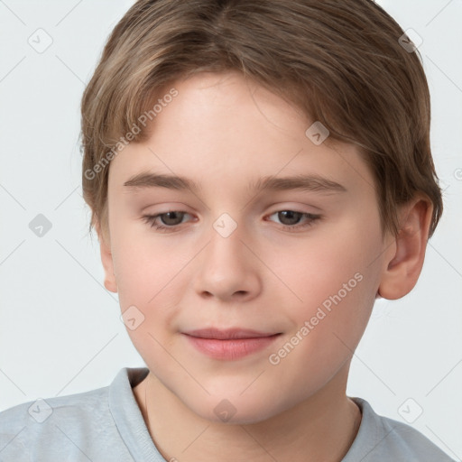 Joyful white child female with short  brown hair and brown eyes