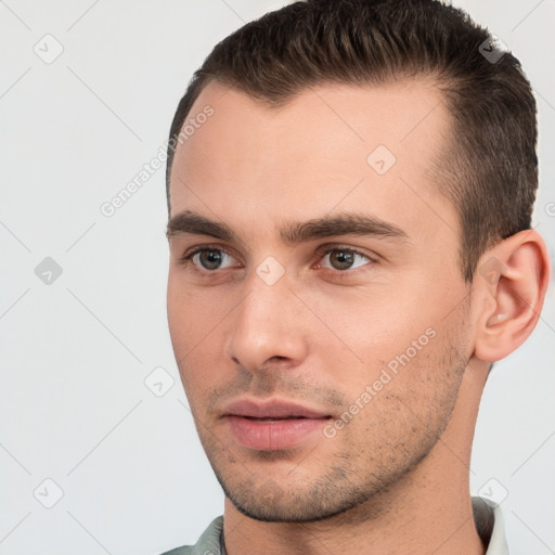 Neutral white young-adult male with short  brown hair and brown eyes