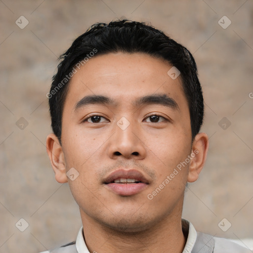 Neutral asian young-adult male with short  black hair and brown eyes