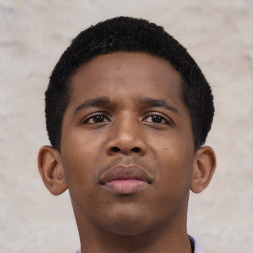 Neutral black young-adult male with short  black hair and brown eyes