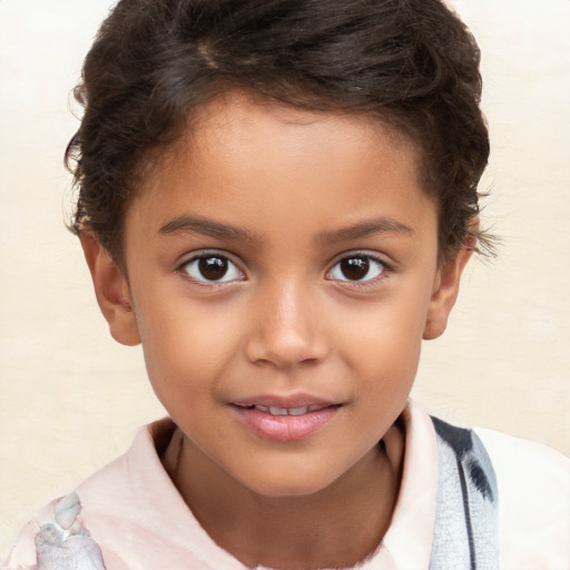 Joyful white child female with short  brown hair and brown eyes