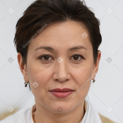 Joyful white adult female with short  brown hair and brown eyes