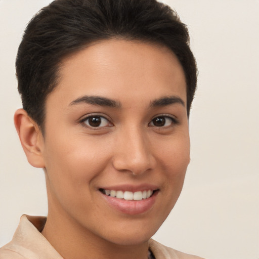 Joyful white young-adult female with short  brown hair and brown eyes