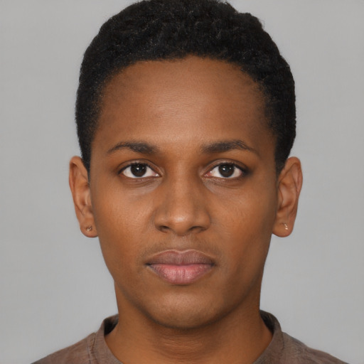 Neutral black young-adult male with short  black hair and brown eyes