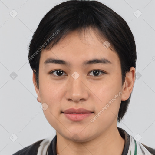 Neutral asian young-adult female with short  black hair and brown eyes