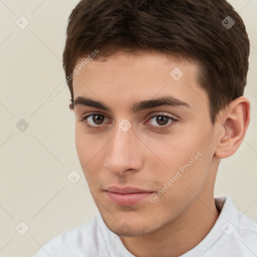 Neutral white young-adult male with short  brown hair and brown eyes